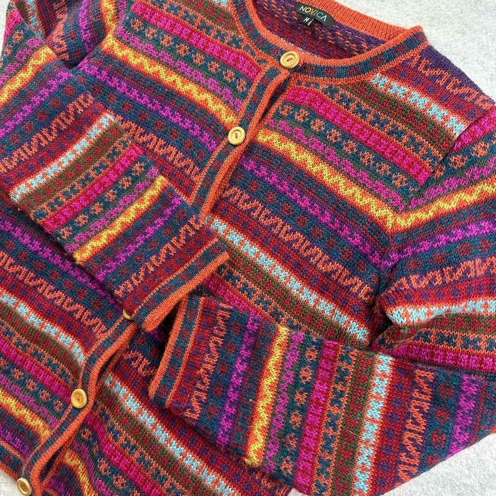 Novica Striped 100% Alpaca Cardigan Sweater Size Medium